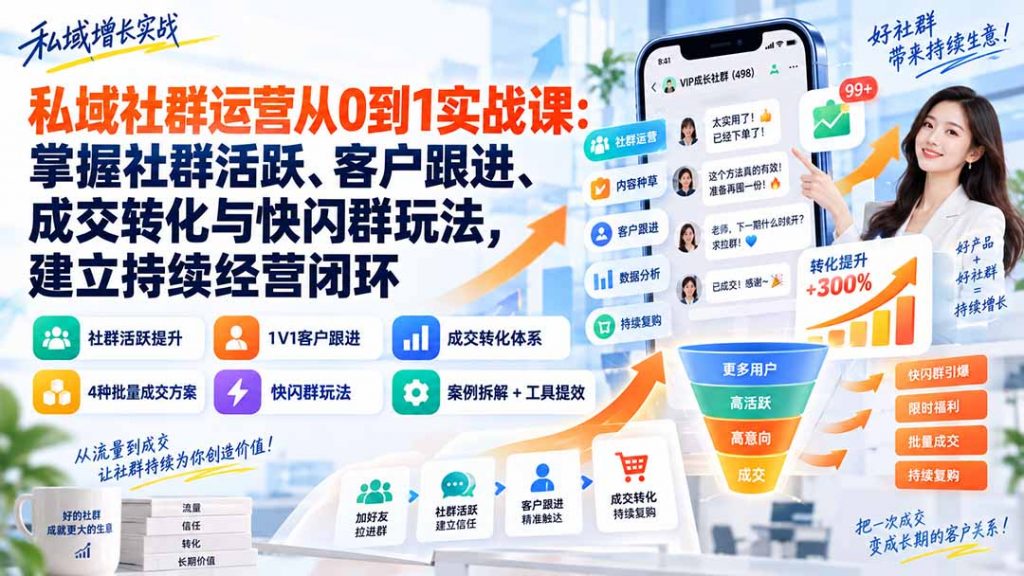 私域社群运营从0到1实战课：掌握社群活跃、客户跟进、成交转化与快闪群玩法，建立持续经营闭环-孔明聊项目