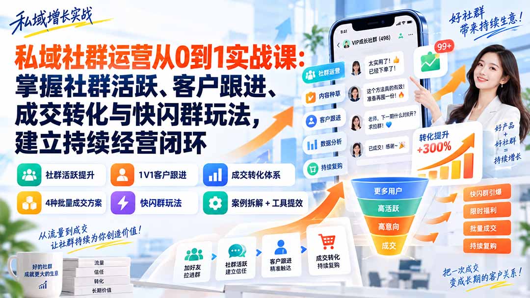 私域社群运营从0到1实战课：掌握社群活跃、客户跟进、成交转化与快闪群玩法，建立持续经营闭环-孔明聊项目