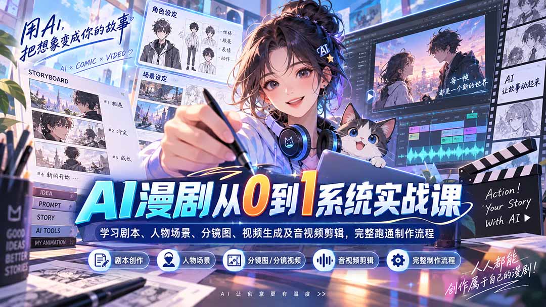 AI漫剧从0到1系统实战课：学习剧本、人物场景、分镜图、视频生成及音视频剪辑，完整跑通制作流程-孔明聊项目