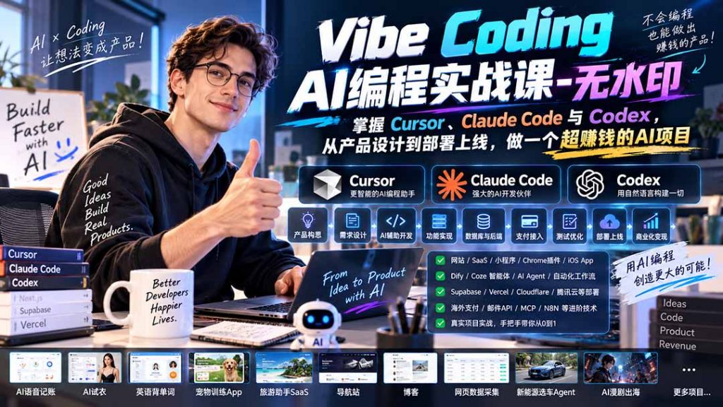 Vibe Coding AI编程实战课-无水印：掌握Cursor、Claude Code与Codex，从产品设计到部署上线，做一个超赚钱的AI项目-孔明聊项目