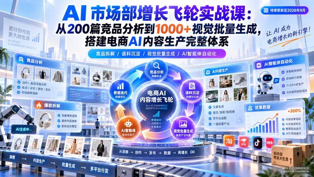 AI 市场部增长飞轮实战课：从200篇竞品分析到1000+视觉批量生成，搭建电商AI内容生产完整体系-孔明聊项目