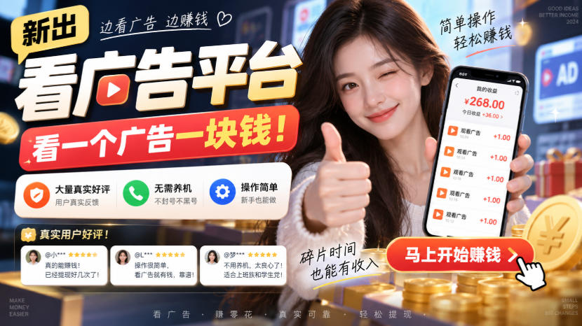 新出看广告平台，看一个广告一块钱，大量真实好评！无需养机、不会黑号，操作简单【揭秘】-孔明聊项目