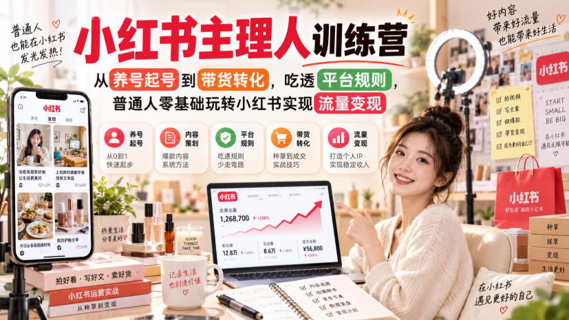 小红书主理人训练营，从养号起号到带货转化，吃透平台规则，普通人零基础玩转小红书实现流量变现-孔明聊项目