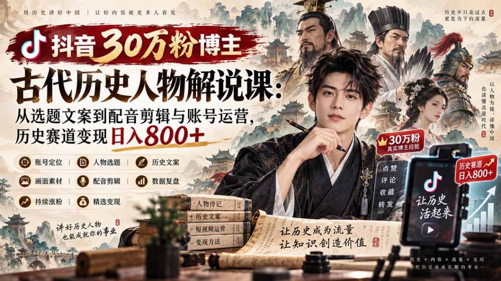 抖音30万粉博主古代历史人物解说课:从选题文案到配音剪辑与账号运营,历史赛道变现日入800+-孔明聊项目