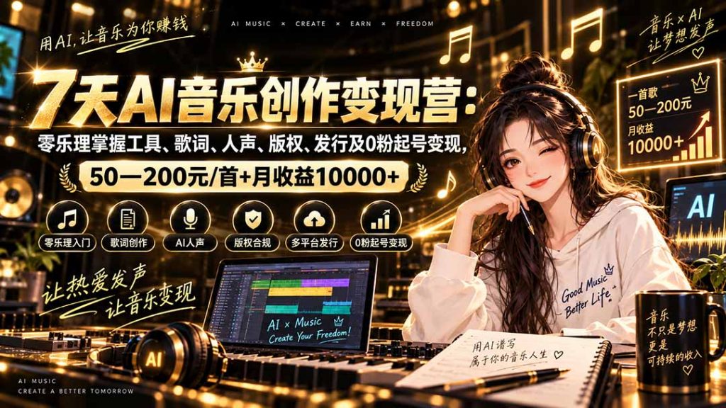AI音乐创作变现营：零乐理掌握工具、歌词、人声、版权、发行及0粉起号变现，50—200元/首+月收益10000+-孔明聊项目
