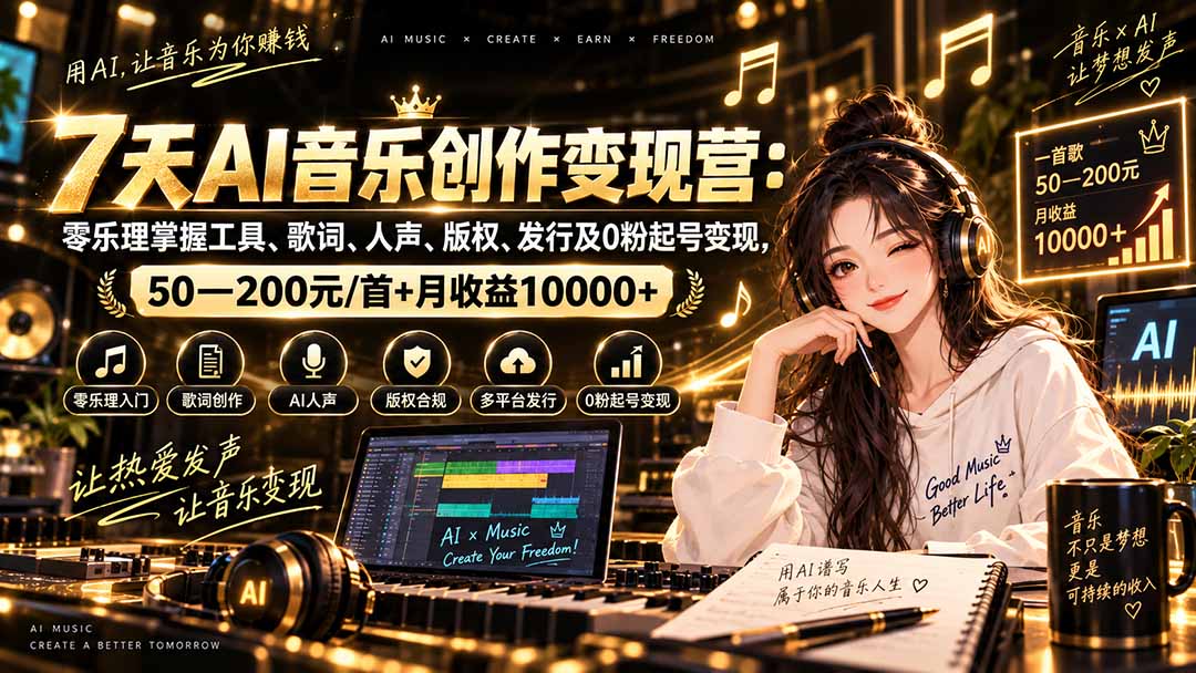 AI音乐创作变现营：零乐理掌握工具、歌词、人声、版权、发行及0粉起号变现，50—200元/首+月收益10000+-孔明聊项目