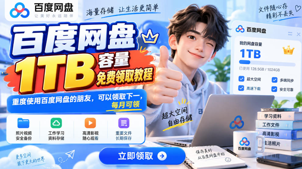 百度网盘1TB容量免费领取教程，重度使用百度网盘的朋友，可以领取下一，每月可领-孔明聊项目