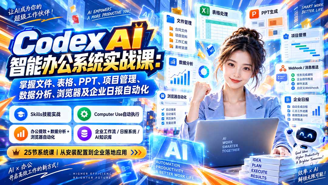 Codex AI智能办公系统实战课：掌握文件、表格、PPT、项目管理、数据分析、浏览器及企业日报自动化-孔明聊项目