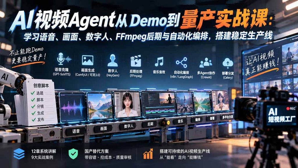 AI视频Agent从Demo到量产实战课：学习语音、画面、数字人、FFmpeg后期与自动化编排，搭建稳定生产线-孔明聊项目