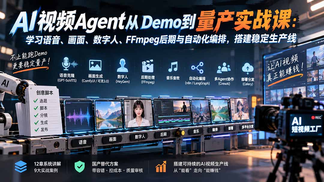 AI视频Agent从Demo到量产实战课：学习语音、画面、数字人、FFmpeg后期与自动化编排，搭建稳定生产线-孔明聊项目