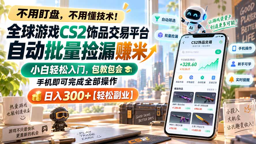 全球游戏CS2饰品交易平台自动批量捡漏赚米，小白轻松入门，包教包会，手机即可完成全部操作，日入300+【轻松副业】-孔明聊项目