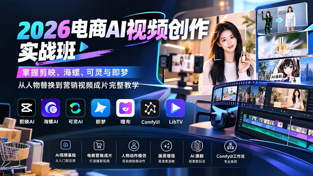 2026电商AI视频创作实战班：掌握剪映、海螺、可灵与即梦，从人物替换到营销视频成片完整教学-孔明聊项目