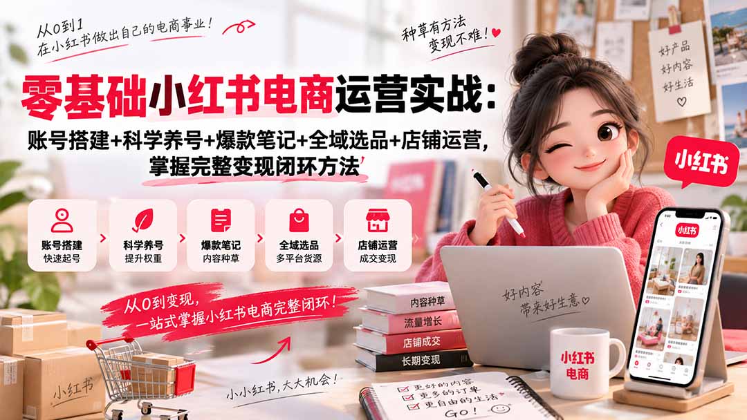 零基础小红书电商运营实战：账号搭建+科学养号+爆款笔记+全域选品+店铺运营，掌握完整变现闭环方法-孔明聊项目