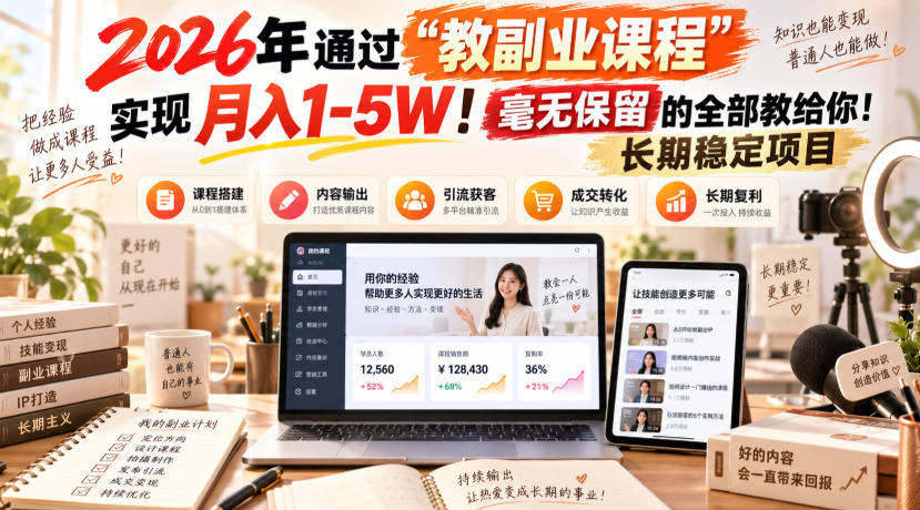 2026年通过“教副业课程”实现月入1-5W！毫无保留的全部教给你！长期稳定项目-孔明聊项目