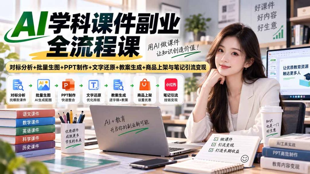 AI学科课件副业全流程课｜对标分析+批量生图+PPT制作+文字还原+教案生成+商品上架与笔记引流变现-孔明聊项目