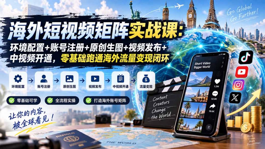 海外短视频矩阵实战课：环境配置+账号注册+原创生图+视频发布+中视频开通，零基础跑通海外流量变现闭环-孔明聊项目