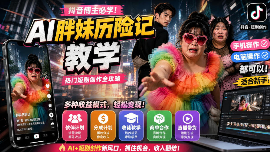 抖音博主的AI胖妹历险记教学，伙伴计划+分成计划+收徒+商单等多种收益，适合新手，手机电脑都可以操作-孔明聊项目