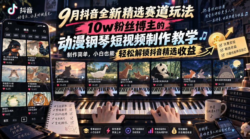 9月抖音全新精选赛道玩法，10w粉丝博主的动漫钢琴短视频制作教学，制作简单，小白也能轻松解锁抖音精选收益-孔明聊项目