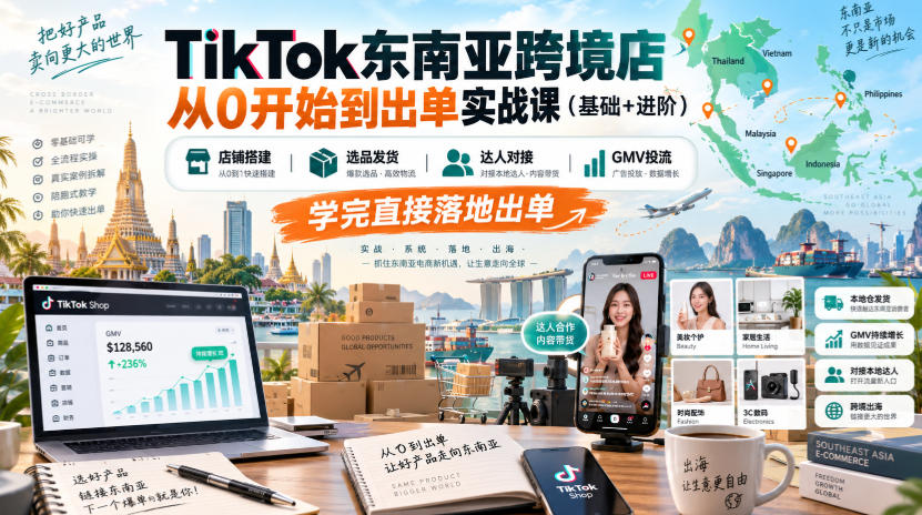 TikTok东南亚跨境店从0开始到出单实战课(基础+进阶)，店铺搭建、选品发货、达人对接、GMV投流，学完直接落地出单-孔明聊项目