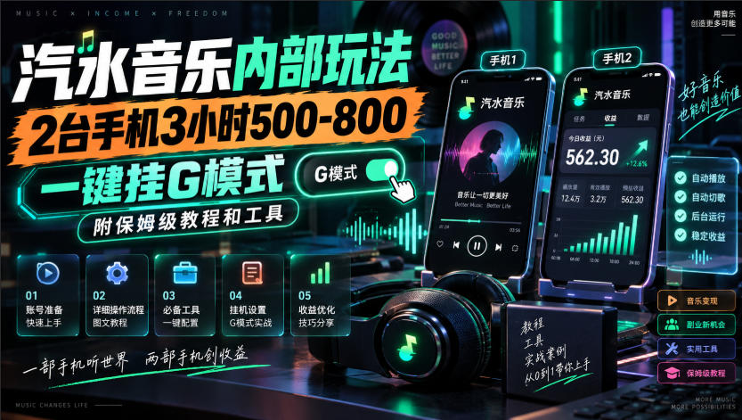 汽水音乐内部玩法，2台手机3小时500-800，一键挂G模式，附保姆级教程和工具【揭秘】-孔明聊项目