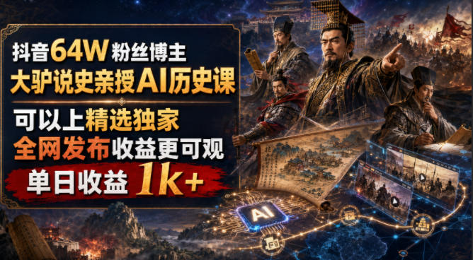 抖音64W粉丝博主大驴说史亲授AI历史课，可以上精选独家，全网发布收益更可观，单日收益1k+(更新)-孔明聊项目