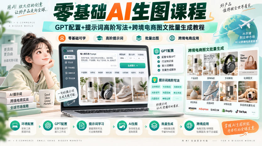 零基础AI生图课程，GPT配置+提示词高阶写法+跨境电商图文批量生成教程-孔明聊项目