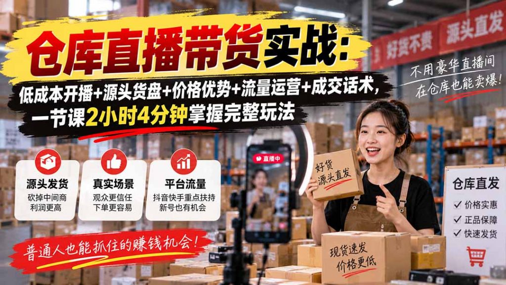 仓库直播带货实战：低成本开播+源头货盘+价格优势+流量运营+成交话术，一节课2小时4分钟掌握完整玩法-孔明聊项目