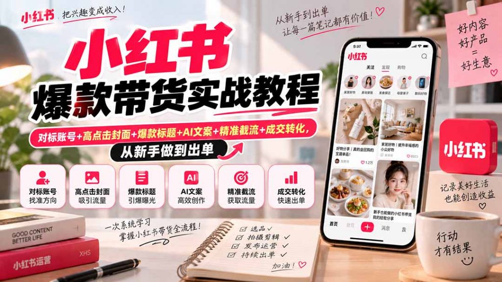 小红书爆款带货实战教程｜对标账号+高点击封面+爆款标题+AI文案+精准截流+成交转化，从新手做到出单-孔明聊项目