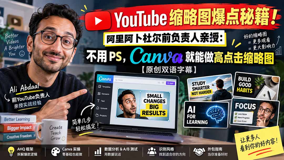YouTube 缩略图爆点秘籍！阿里阿卜杜尔前负责人亲授：不用 PS，Canva 就能做高点击缩略图【原创双语字幕】-孔明聊项目