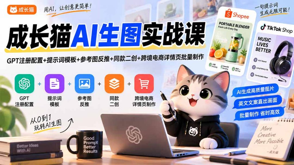 成长猫AI生图实战课｜GPT注册配置+提示词模板+参考图反推+同款二创+跨境电商详情页批量制作-孔明聊项目