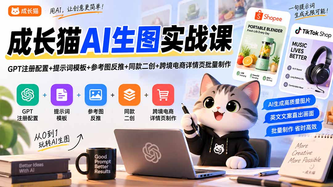 成长猫AI生图实战课｜GPT注册配置+提示词模板+参考图反推+同款二创+跨境电商详情页批量制作-孔明聊项目