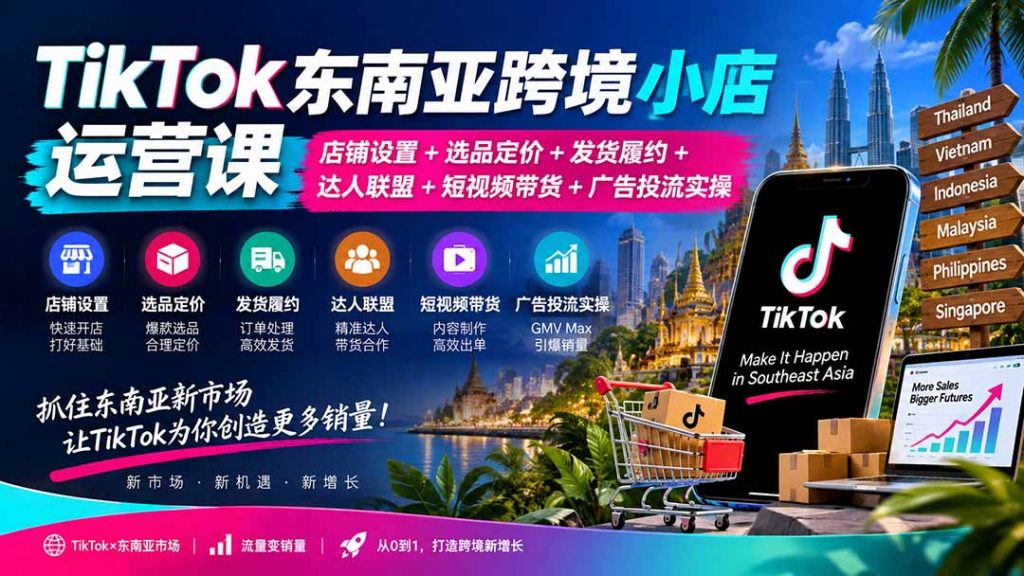 TikTok东南亚跨境小店运营课：店铺设置+选品定价+发货履约+达人联盟+短视频带货+广告投流实操-孔明聊项目