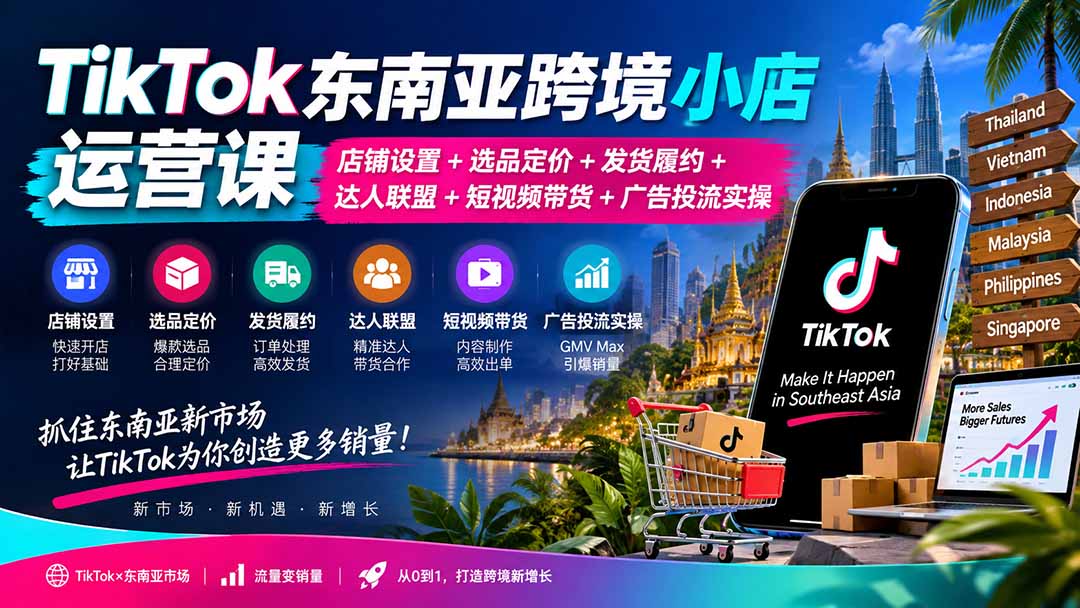 TikTok东南亚跨境小店运营课：店铺设置+选品定价+发货履约+达人联盟+短视频带货+广告投流实操-孔明聊项目