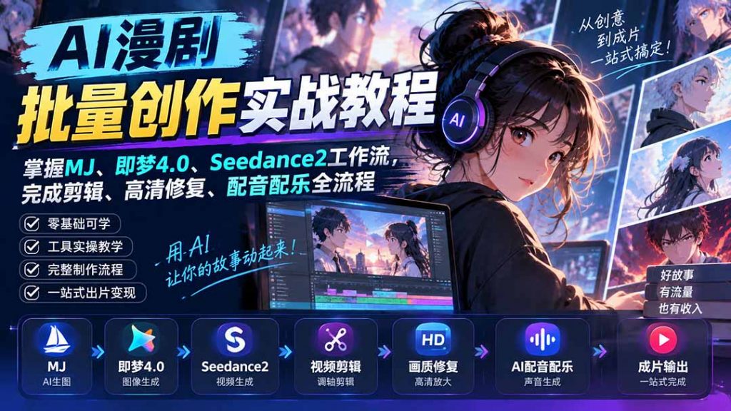 AI漫剧批量创作实战教程：掌握MJ、即梦4.0、Seedance2工作流，完成剪辑、高清修复、配音配乐全流程-孔明聊项目