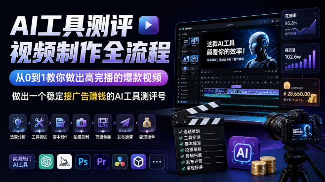 AI工具测评视频制作全流程，从0到1教你做出高完播的爆款视频，做出一个稳定接广告賺钱的AI工具测评号-孔明聊项目