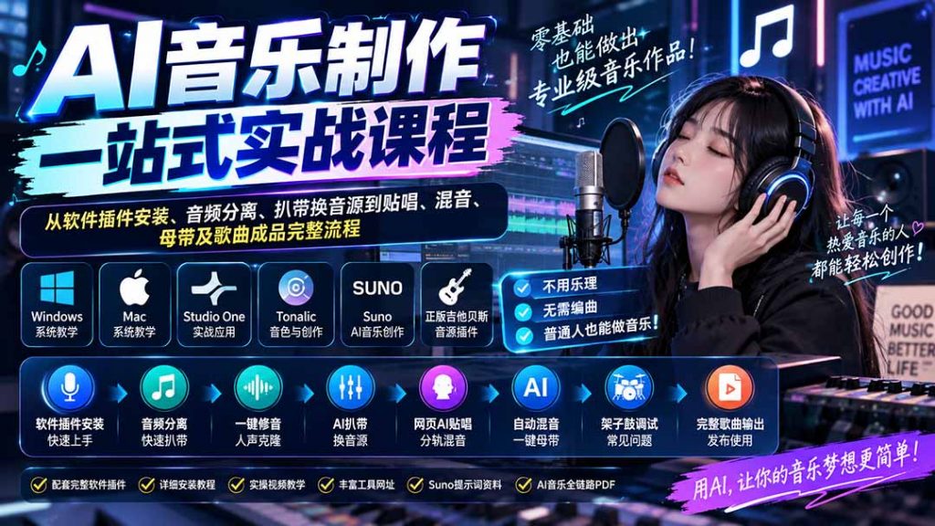 AI音乐制作一站式实战课程：从软件插件安装、音频分离、扒带换音源到贴唱、混音、母带及歌曲成品完整流程-孔明聊项目