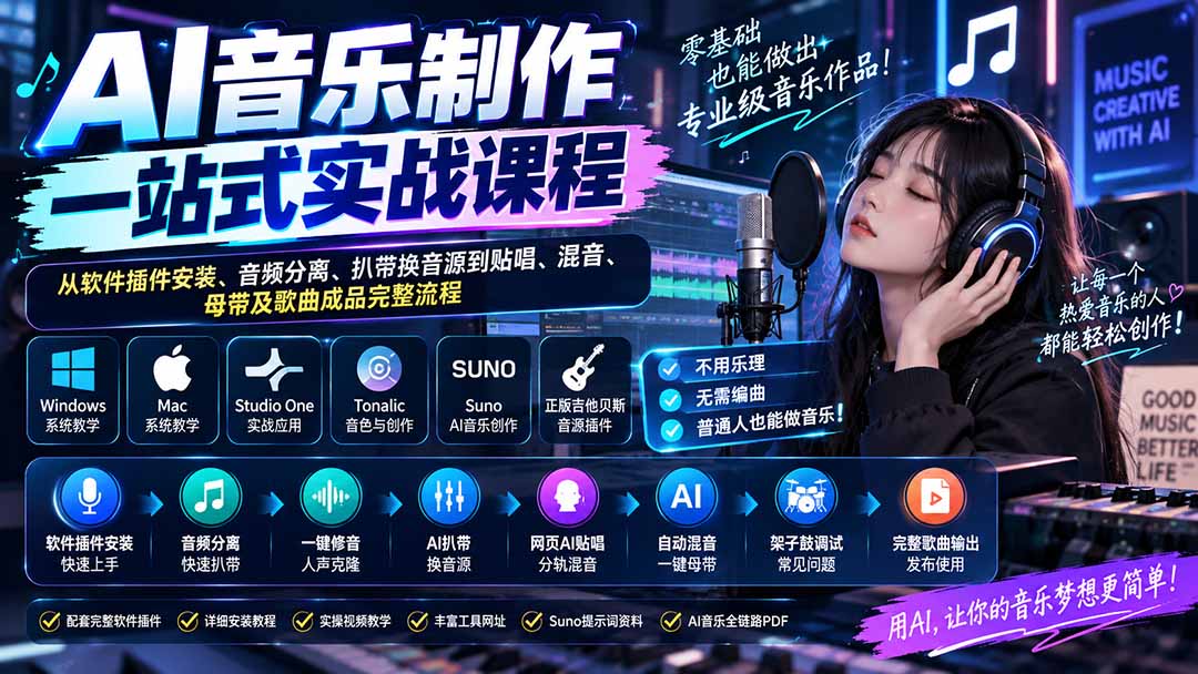 AI音乐制作一站式实战课程：从软件插件安装、音频分离、扒带换音源到贴唱、混音、母带及歌曲成品完整流程-孔明聊项目