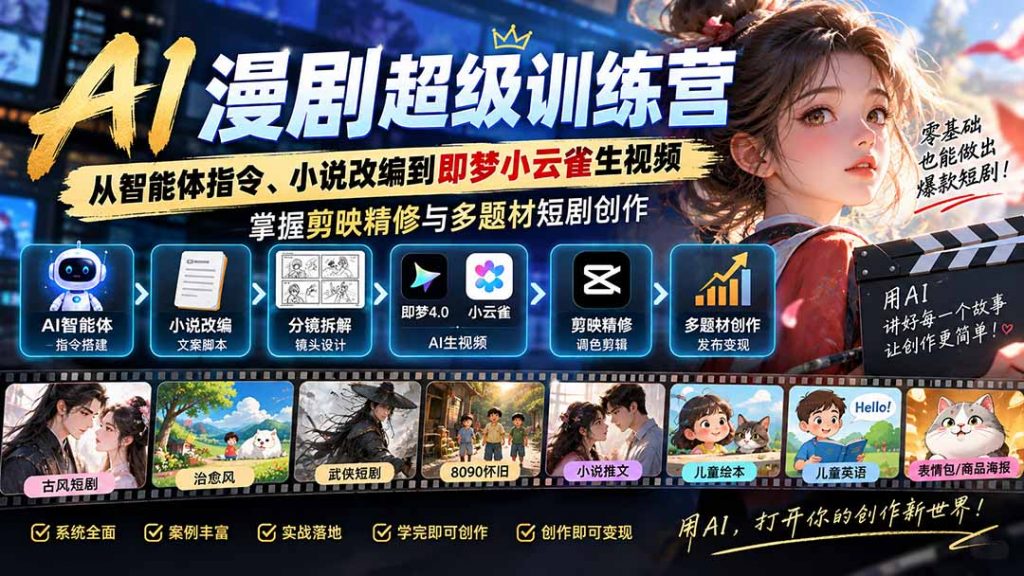 AI漫剧超级特训营：从智能体指令、小说改编到即梦小云雀生视频，掌握剪映精修与多题材短剧创作-孔明聊项目