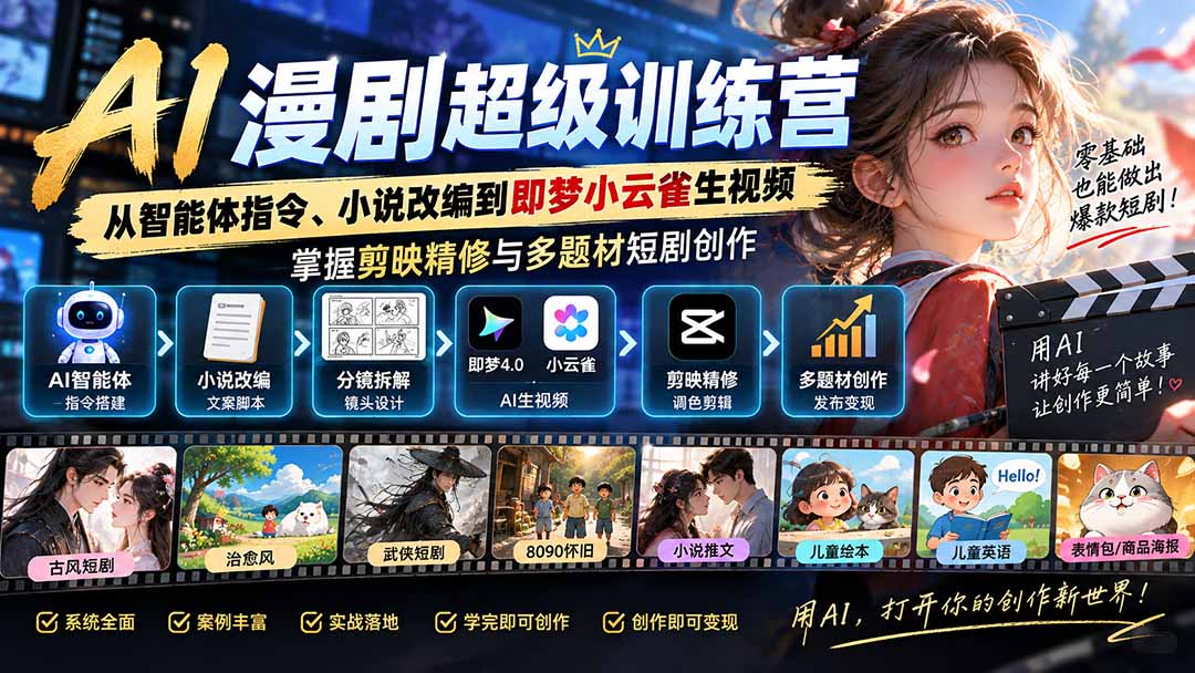 AI漫剧超级特训营：从智能体指令、小说改编到即梦小云雀生视频，掌握剪映精修与多题材短剧创作-孔明聊项目