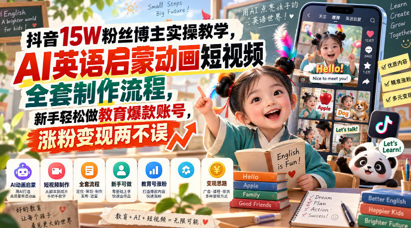 抖音15W粉丝博主实操教学，AI英语启蒙动画短视频全套制作流程，新手轻松做教育爆款账号，涨粉变现两不误-孔明聊项目
