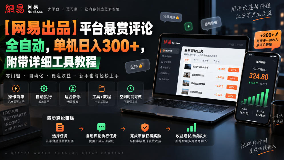 【网易出品】平台悬赏评论全自动，单机日入300+，附带详细工具教程【揭秘】-孔明聊项目