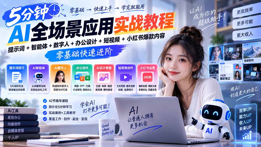 AI全场景应用实战教程｜提示词+智能体+数字人+办公设计+短视频+小红书爆款内容，零基础快速进阶-孔明聊项目