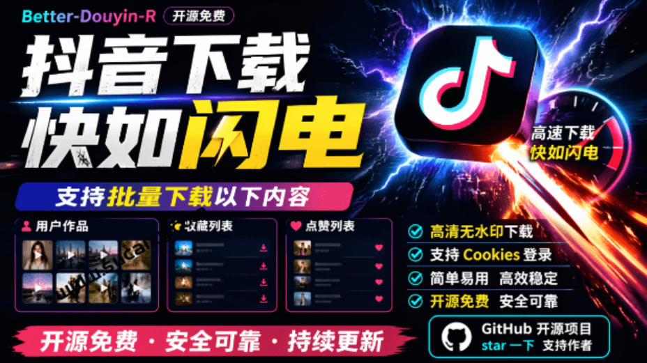 超级好用！抖音视频下载神器，支持批量下载用户作品收藏列表和点赞列表，开源完全免费Better-douyin-R-孔明聊项目