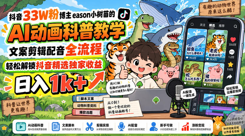 抖音33W粉博主eason小树苗的AI动画科普教学，文案剪辑配音全流程，轻松解锁抖音精选独家收益，日入1k+-孔明聊项目