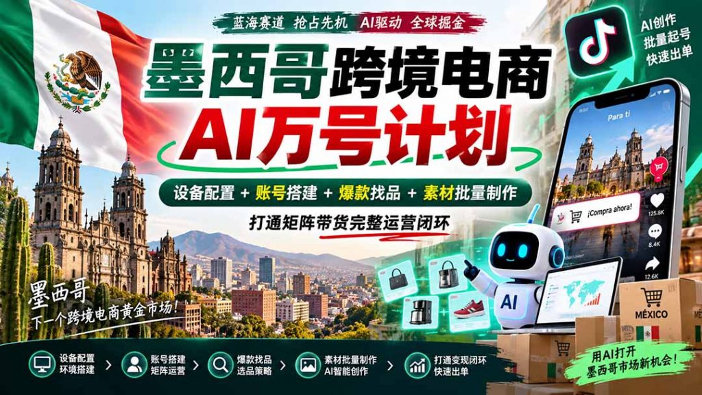 墨西哥AI跨境电商万号计划｜设备配置+账号搭建+爆款找品+素材批量制作，打通矩阵带货完整运营闭环-孔明聊项目