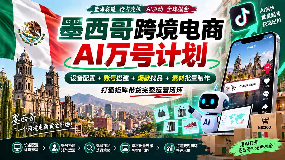 墨西哥AI跨境电商万号计划｜设备配置+账号搭建+爆款找品+素材批量制作，打通矩阵带货完整运营闭环-孔明聊项目