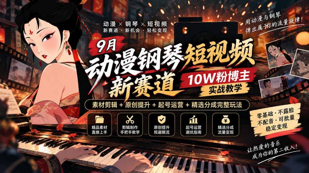 9月动漫钢琴短视频新赛道｜10W粉博主实战教学，素材剪辑+原创提升+起号运营+精选分成完整玩法-孔明聊项目