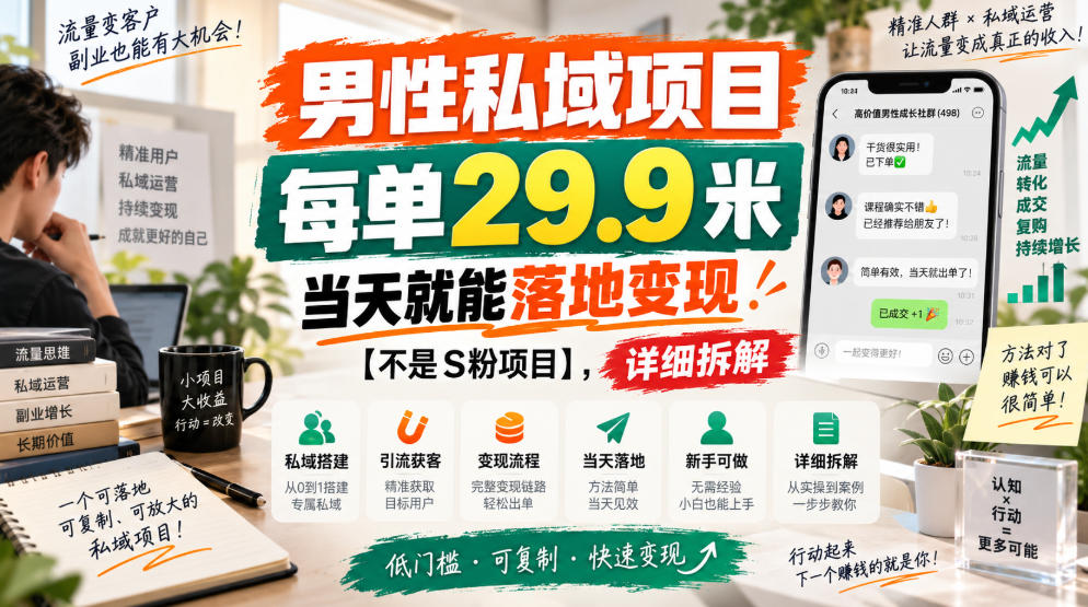 男性私域项目，每单29.9米，当天就能落地变现【不是S粉项目】，详细拆解-孔明聊项目
