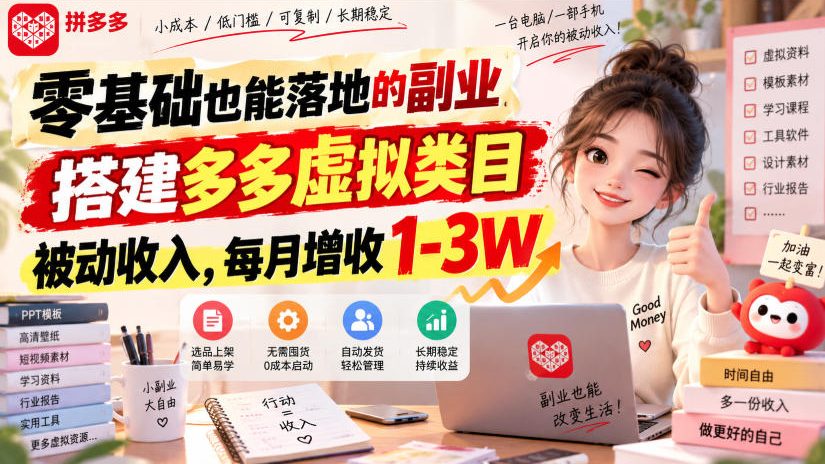 零基础也能落地的副业，搭建多多虚拟类目被动收入，每月增收1-3W【揭秘】-孔明聊项目