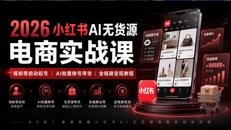 2026小红书AI无货源电商实战课｜低粉零启动起号｜AI批量做号带货全链路变现教程-孔明聊项目